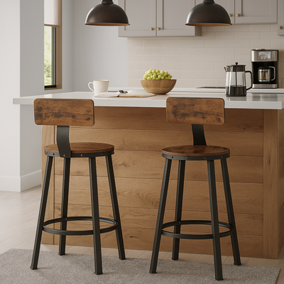 Chaises de bar en bois et métal dans une cuisine industrielle