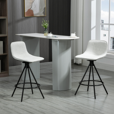 Chaises de bar blanches pieds noirs autour d’une table haute dans un décor scandinave moderne