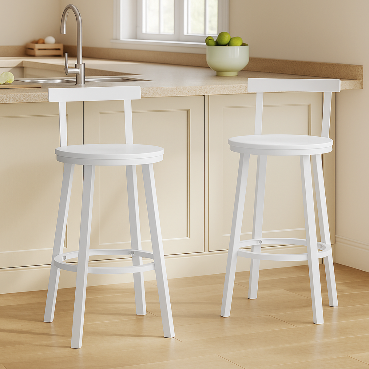 Deux chaises de bar blanches en bois dans une cuisine moderne