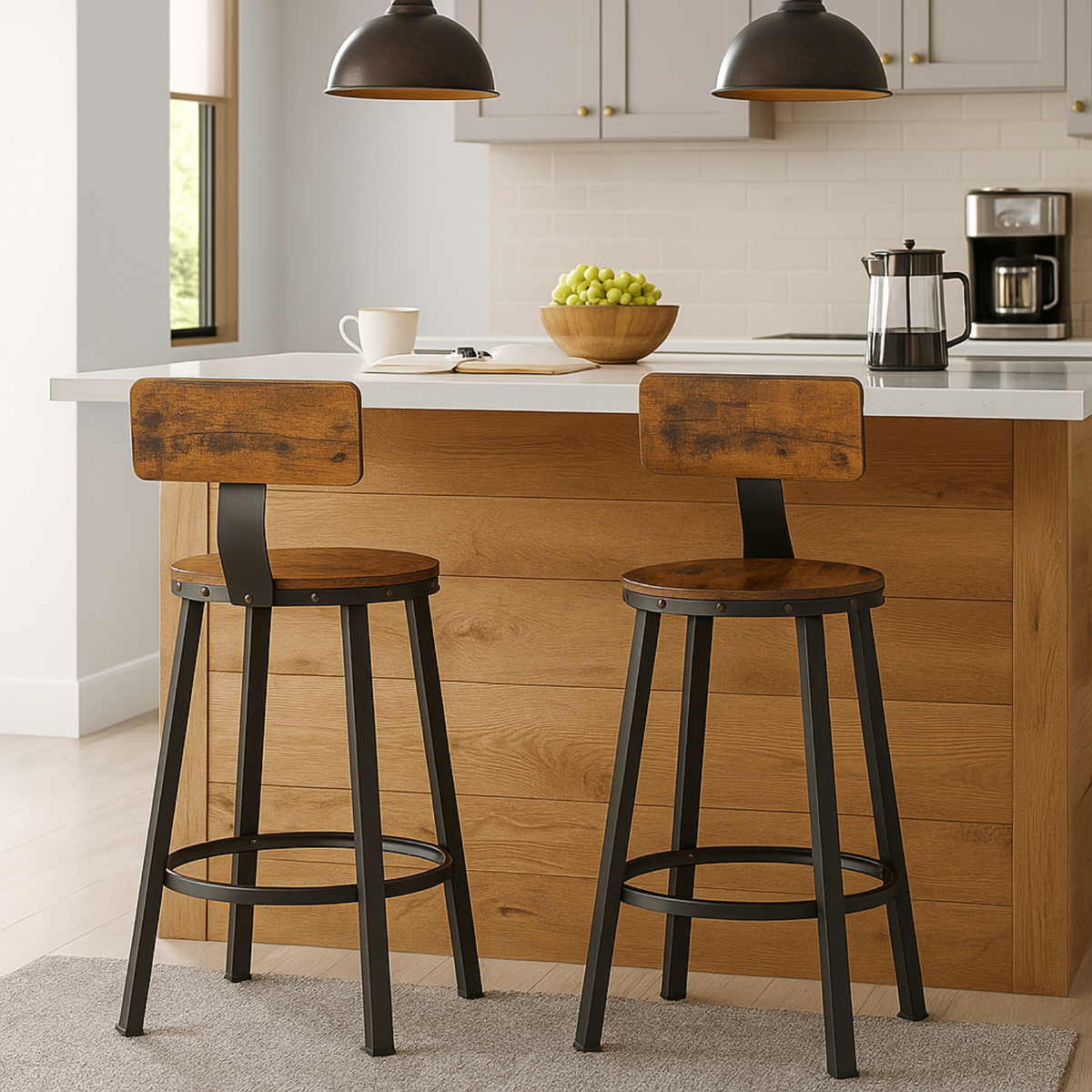 Deux chaises de bar en bois et métal noir dans une cuisine moderne