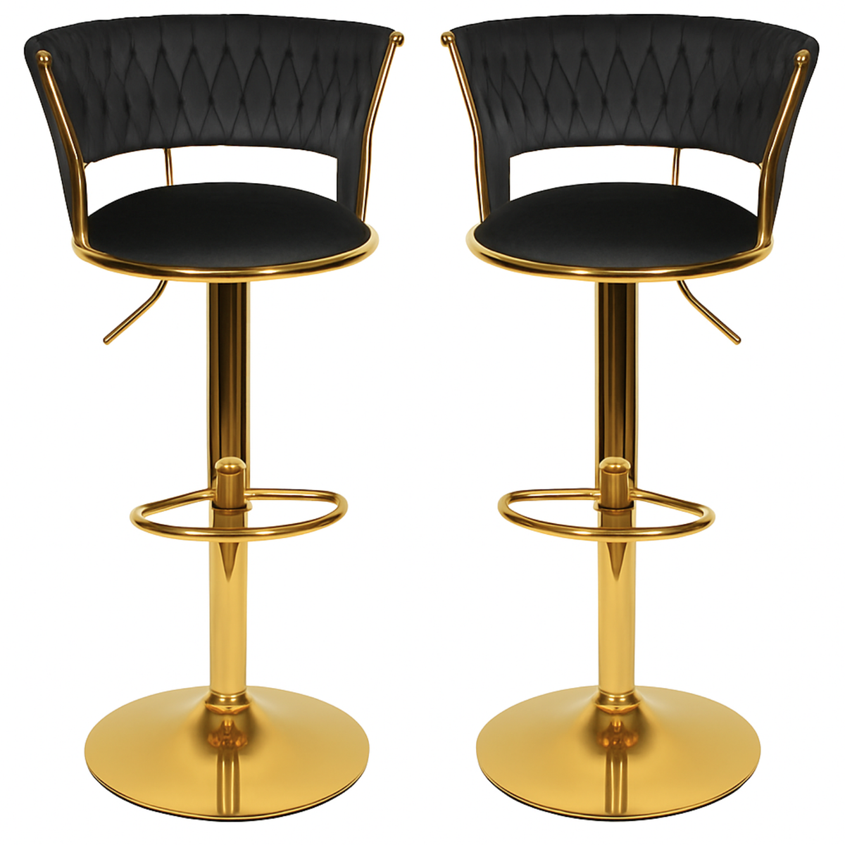 Lot de deux chaises de bar noires en velours avec pied doré