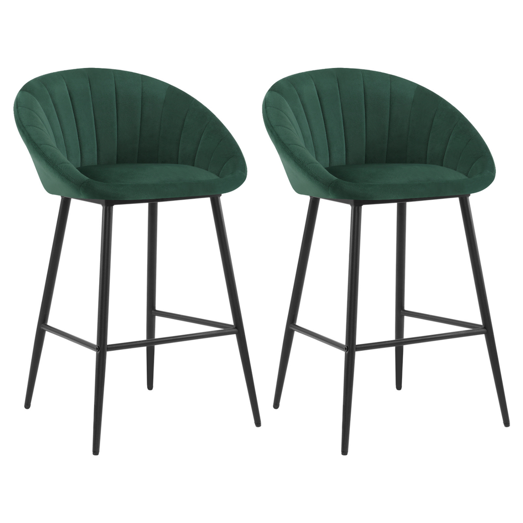Lot de deux chaises de bar vert foncé en velours avec pied noir