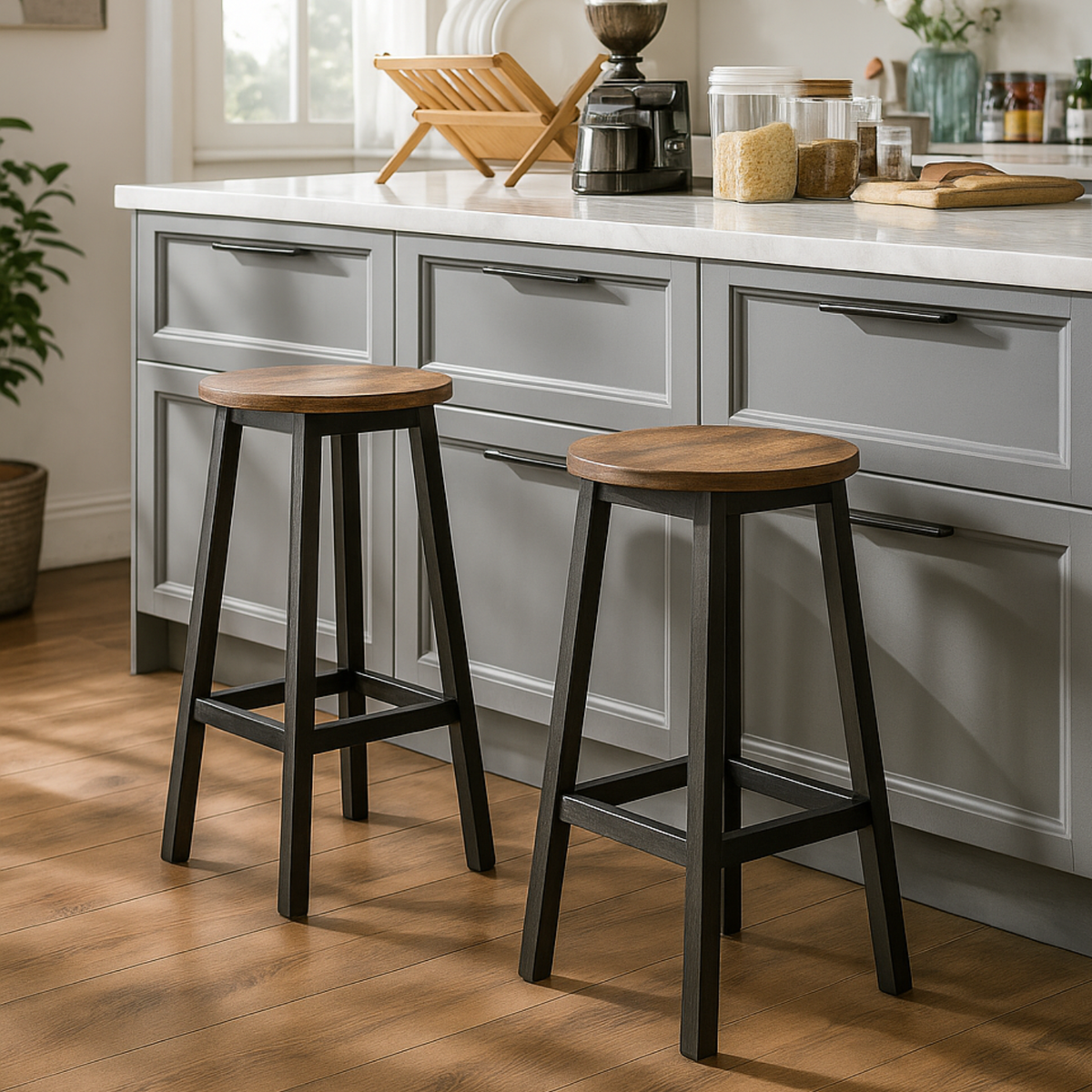 Deux tabourets de bar en bois avec structure noire dans une cuisine moderne