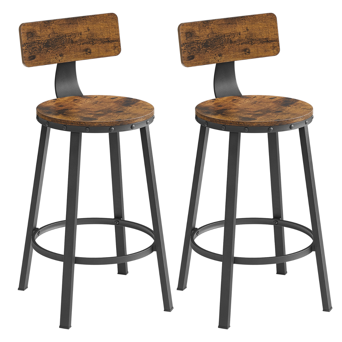 Lot de deux chaises de bar industrielles en bois avec pied noir