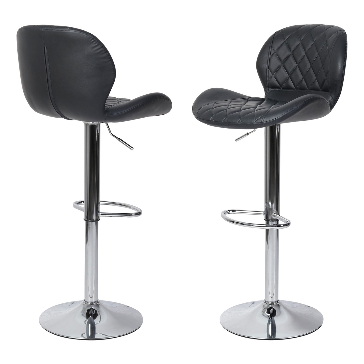 Lot de deux chaises de bar noires en cuir synthétique avec base chromée