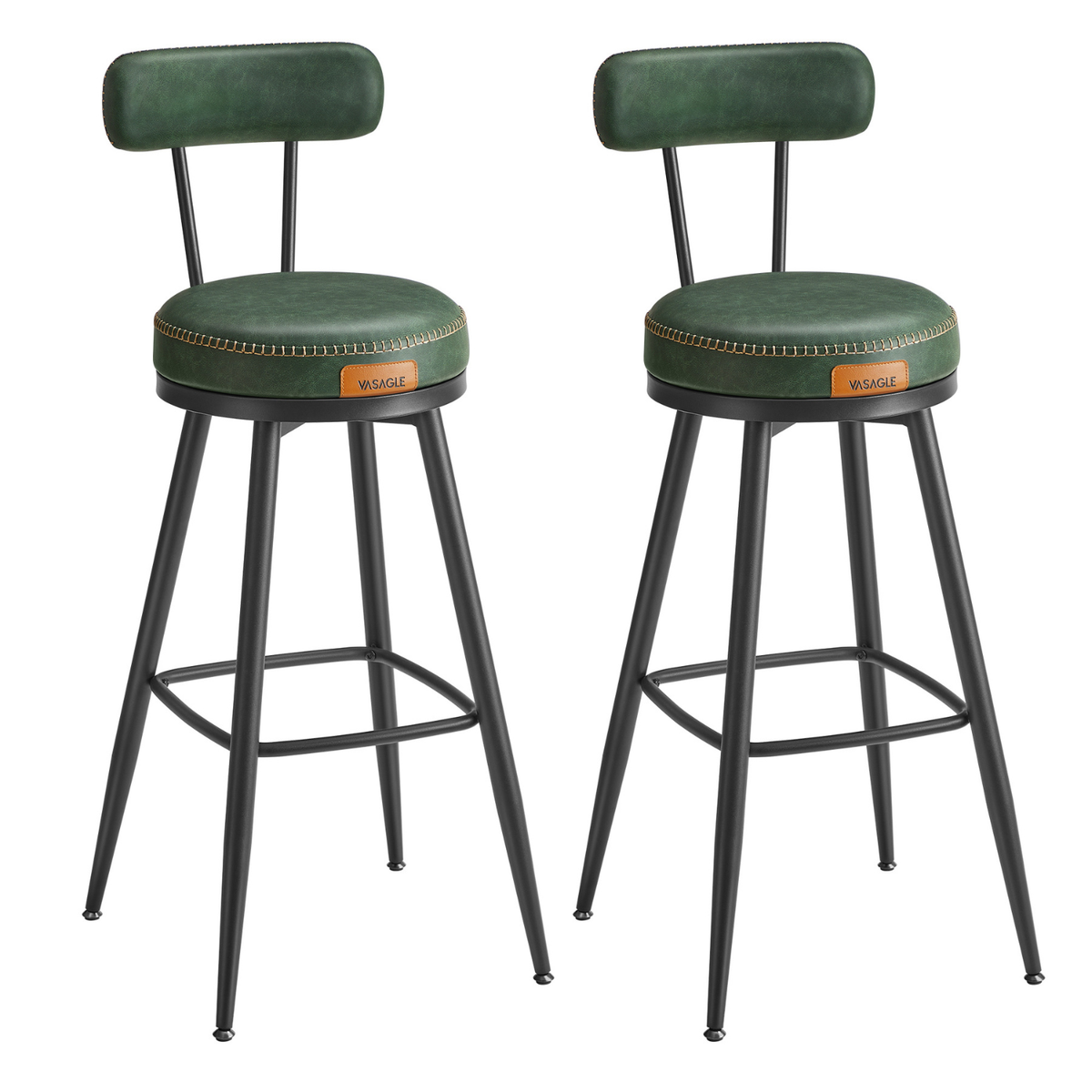 Lot de deux chaises de bar vert foncé en cuir avec base noire