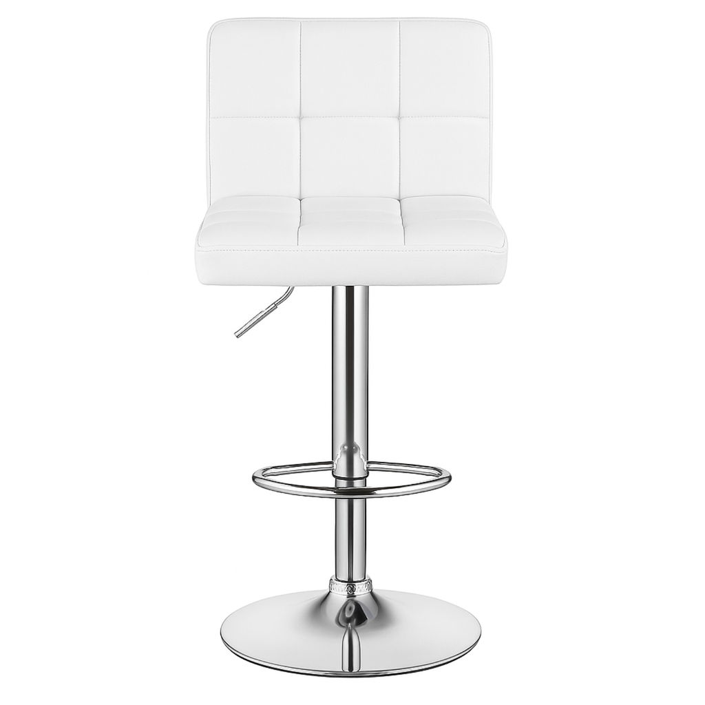 Chaise de bar blanche vue de face avec pied en métal chromé
