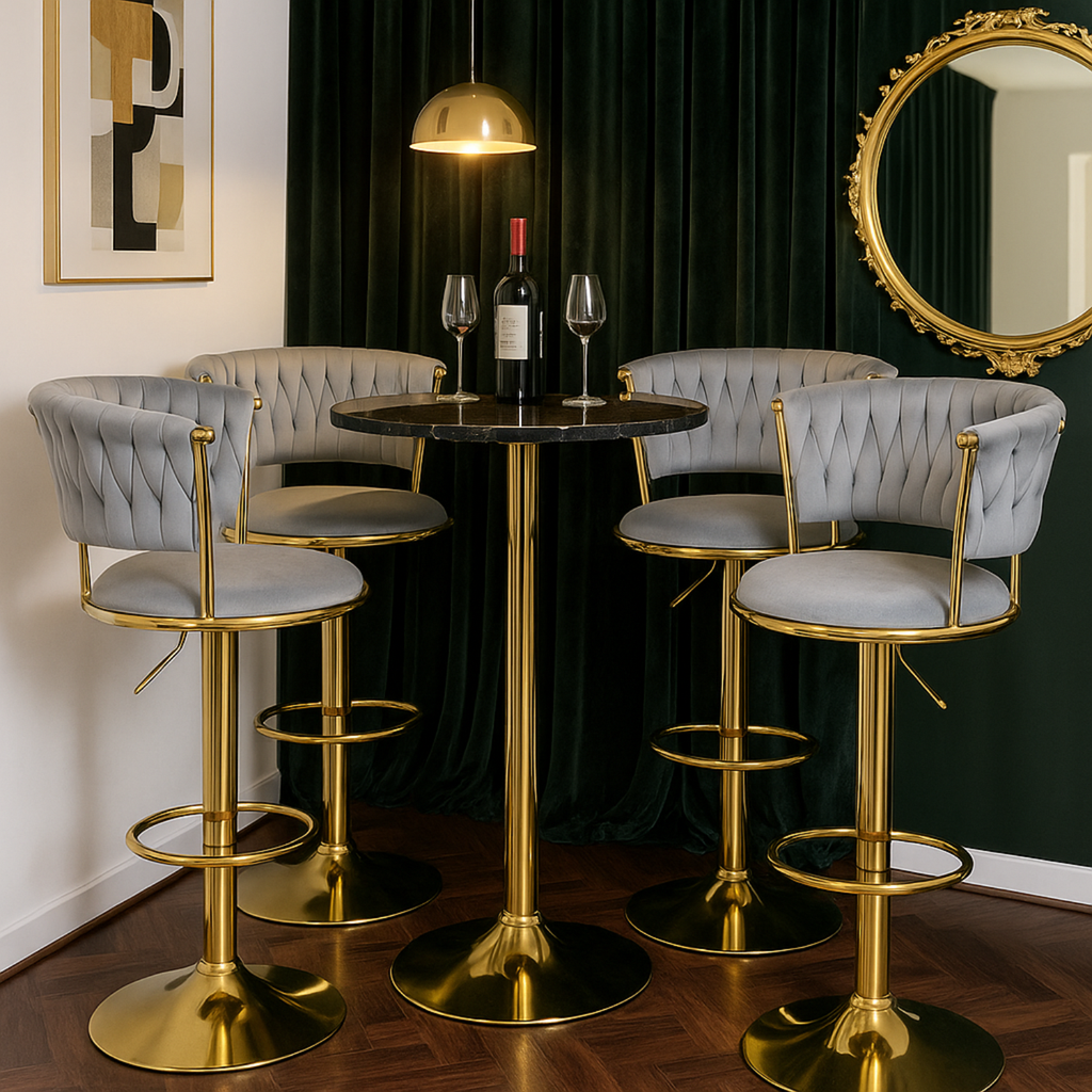 Chaises de bar grises en velours avec structure dorée dans un salon raffiné