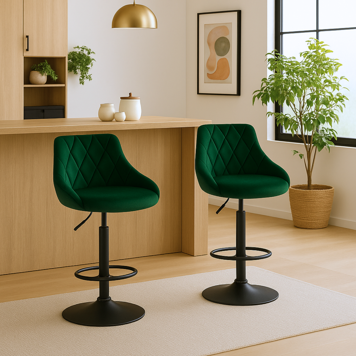 Deux chaises de bar vert foncé en velours avec pied noir devant un îlot en bois dans une cuisine moderne.