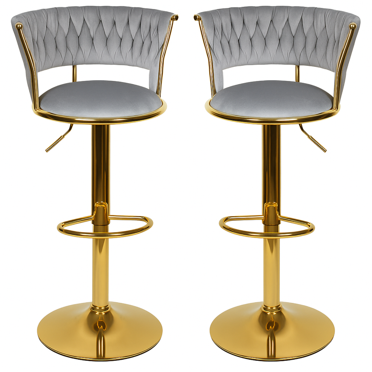 Lot de deux chaises de bar grises en velours avec pied doré