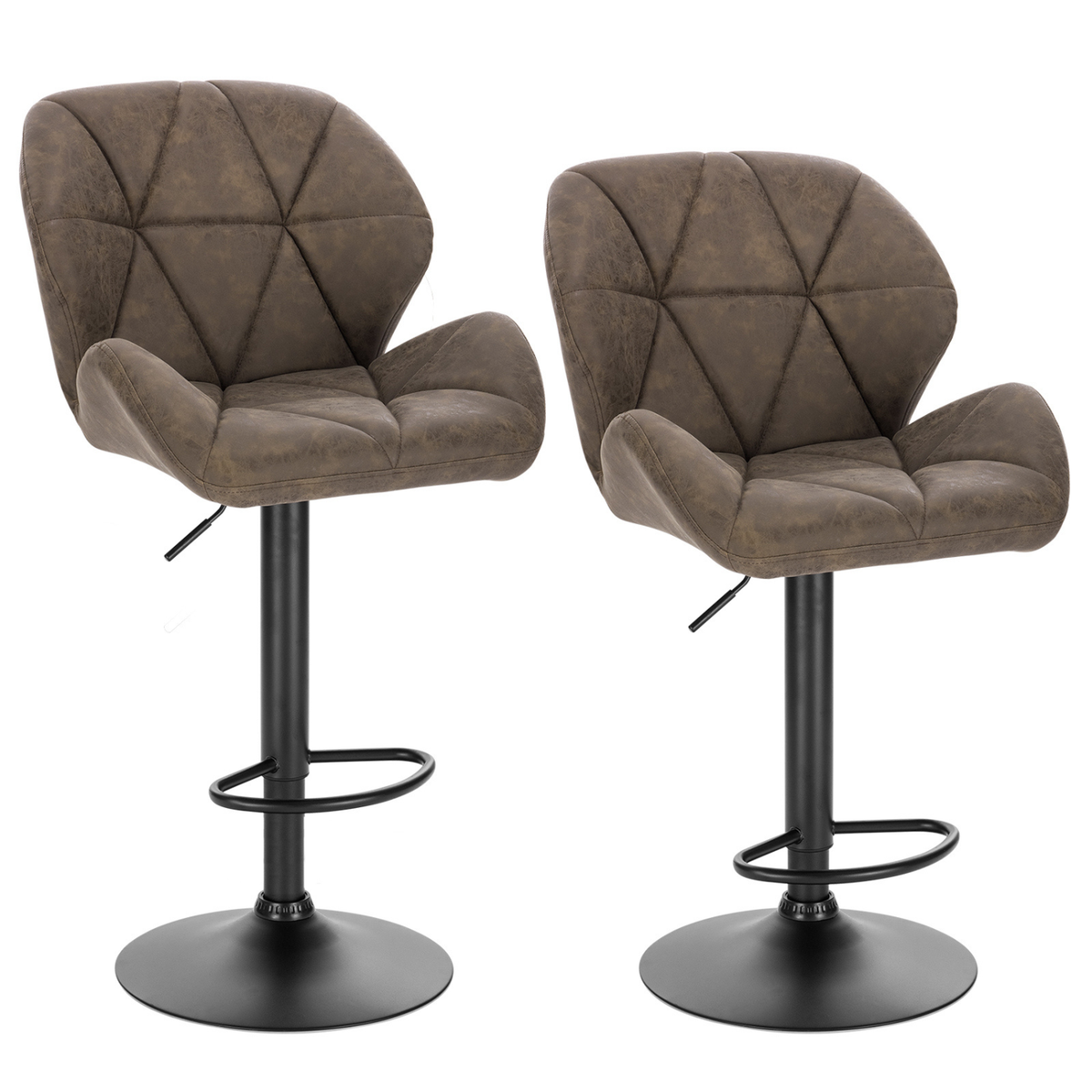 Lot de deux chaises de bar marron avec assise rembourrée et base noire