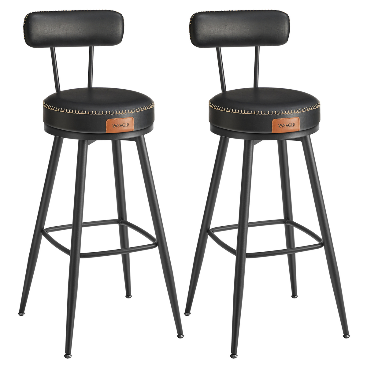 Lot de deux chaises de bar noires en cuir avec structure métallique noire