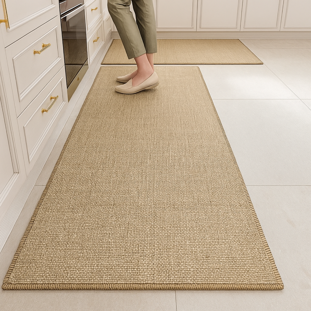 Tapis de cuisine beige sable devant un plan de travail moderne