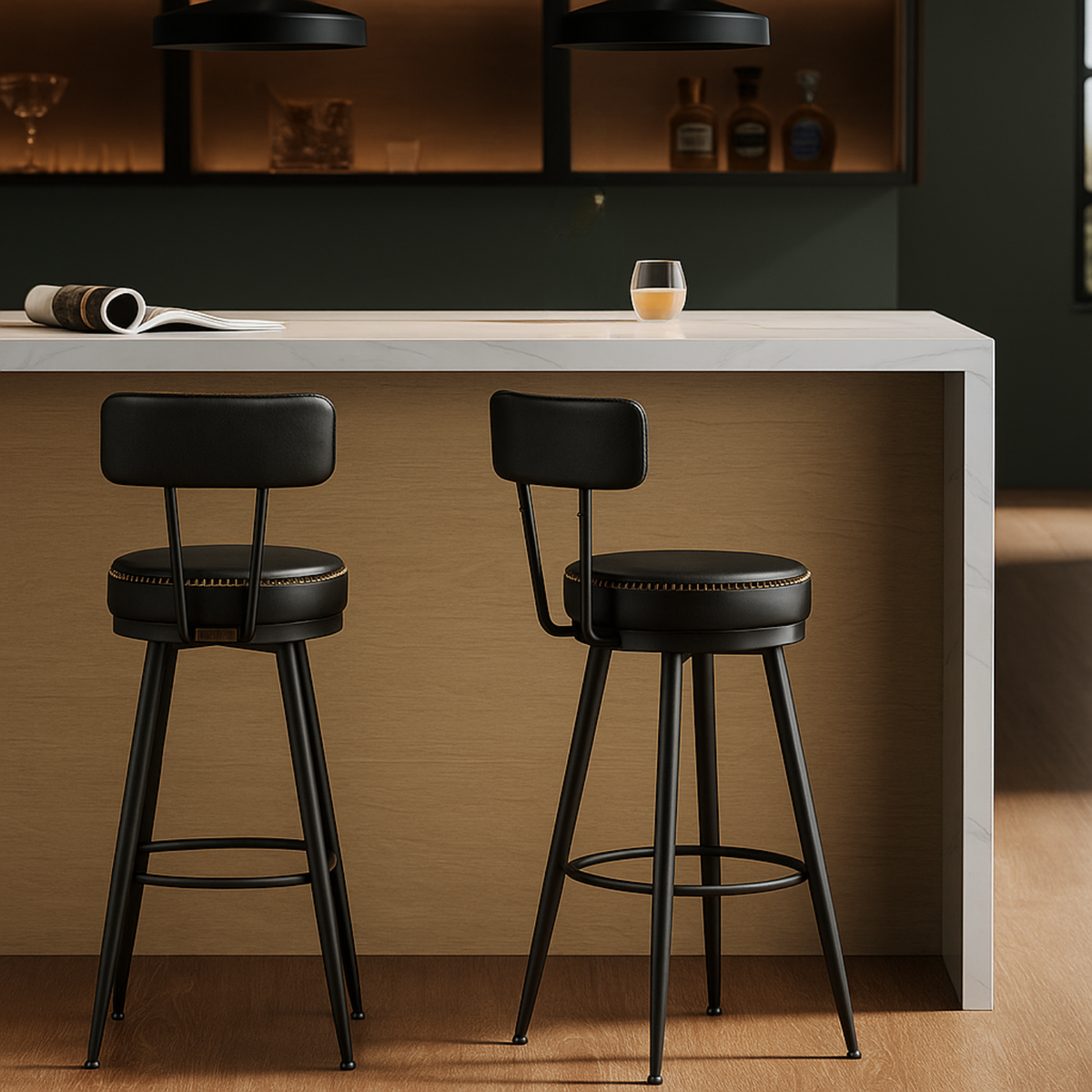 Chaises de bar noires en cuir devant un îlot de cuisine contemporain