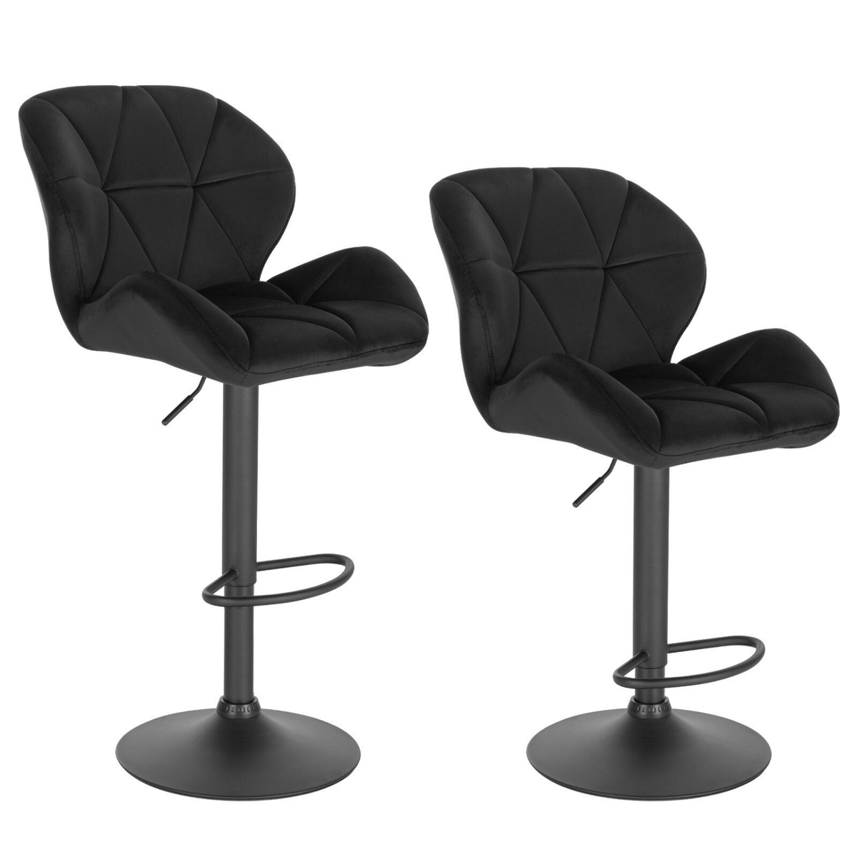 Deux chaises de bar noires au design géométrique sur pied noir