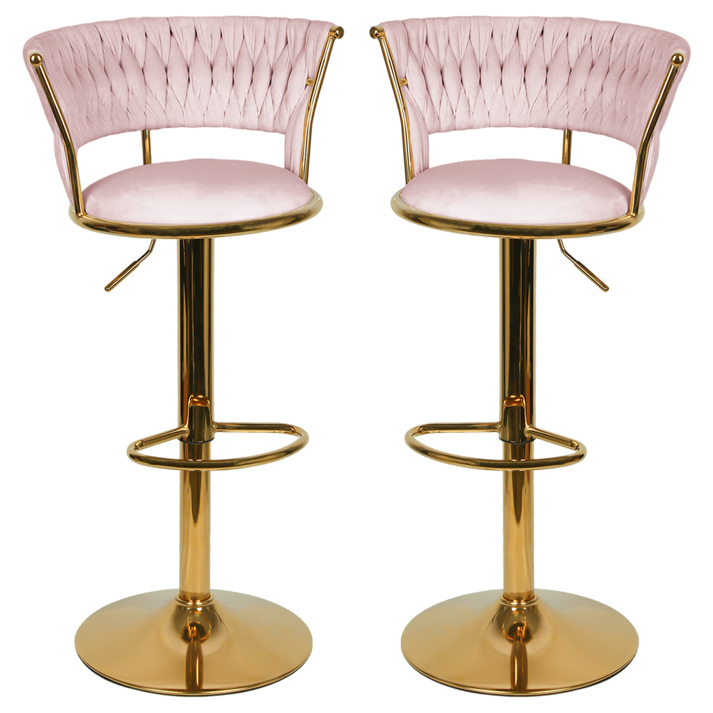 Lot de deux chaises de bar roses en velours avec base dorée