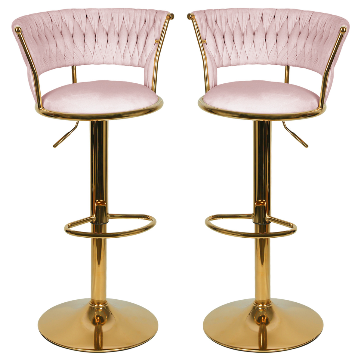 Lot de deux chaises de bar roses en velours avec base dorée