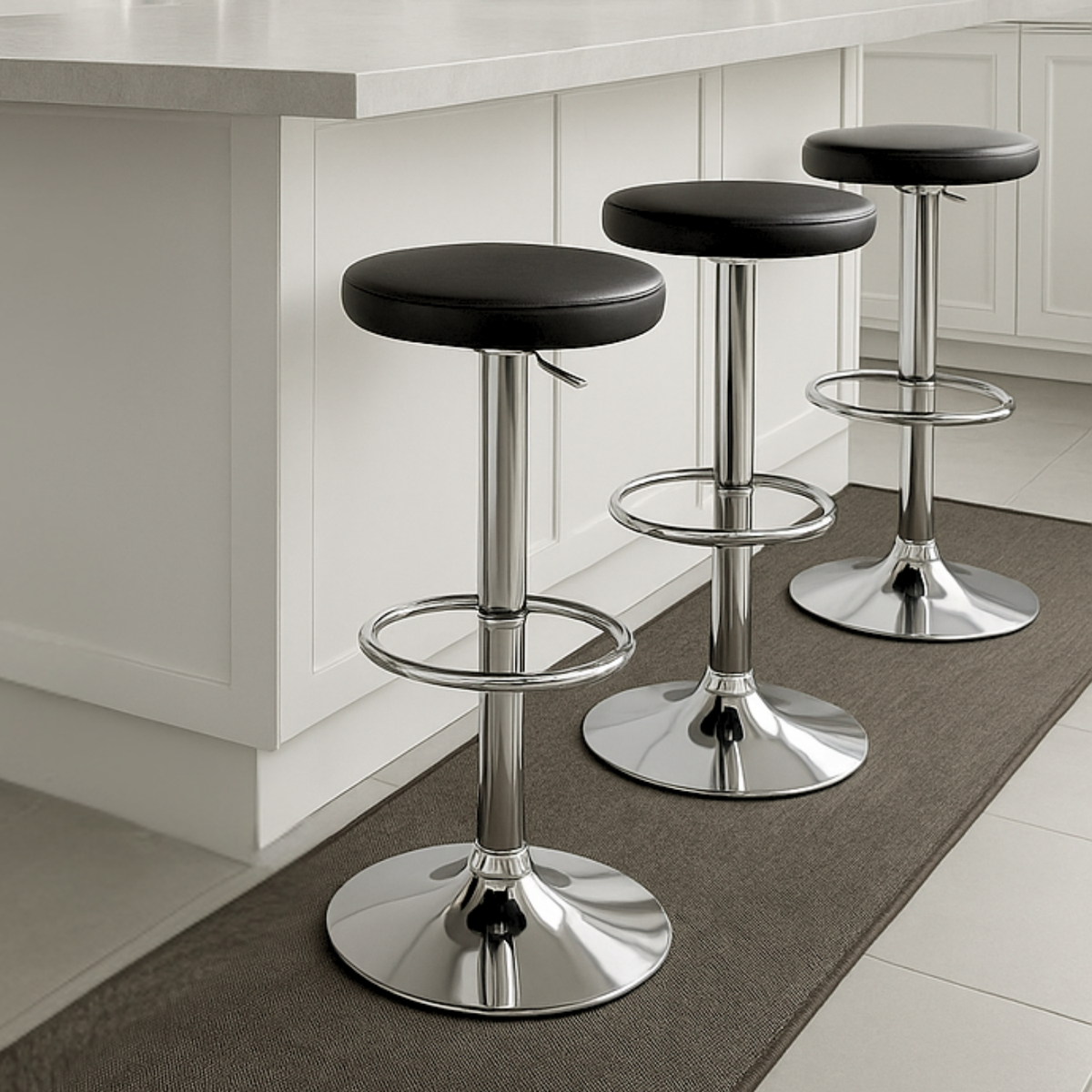Tapis gris sous quatre tabourets de bar chromés dans une cuisine