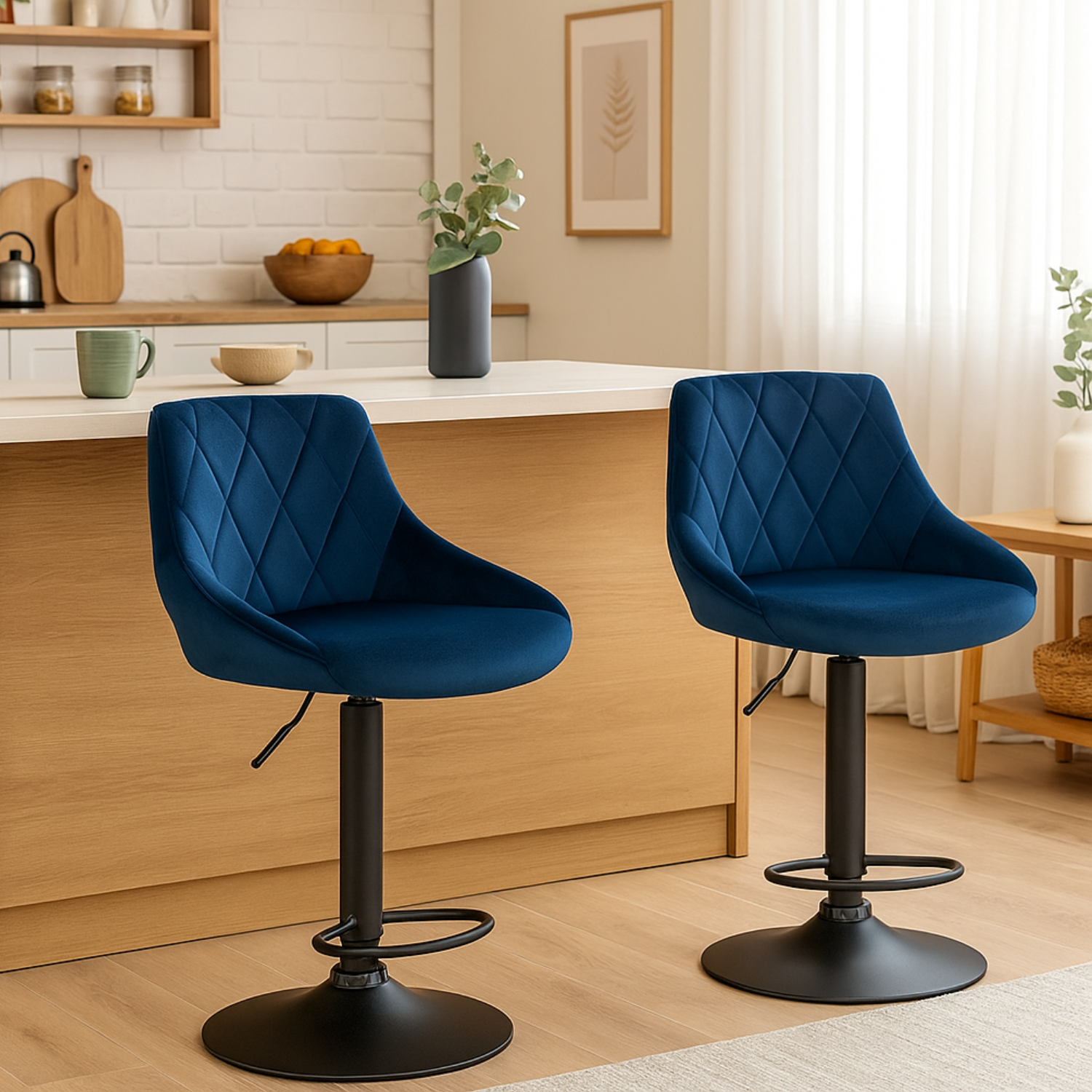 Deux chaises de bar bleues en velours dans une cuisine moderne Image