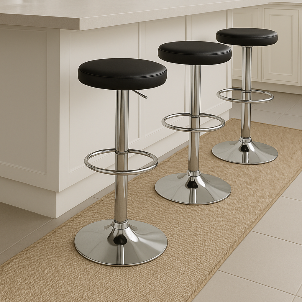 Tapis beige sous des tabourets de bar chromés devant un îlot