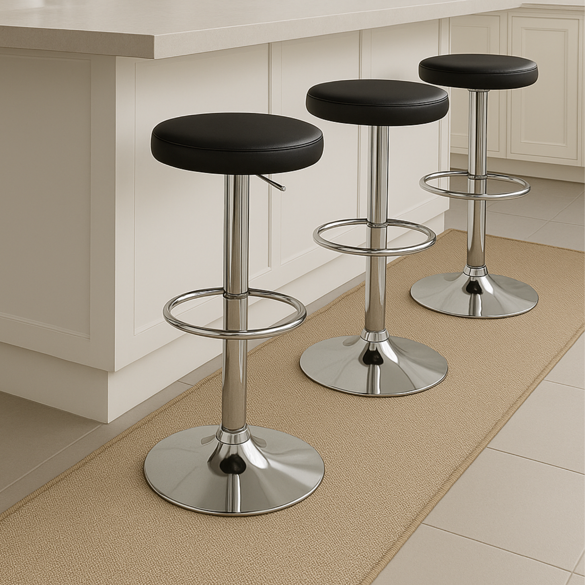 Tapis beige sous des tabourets de bar chromés devant un îlot