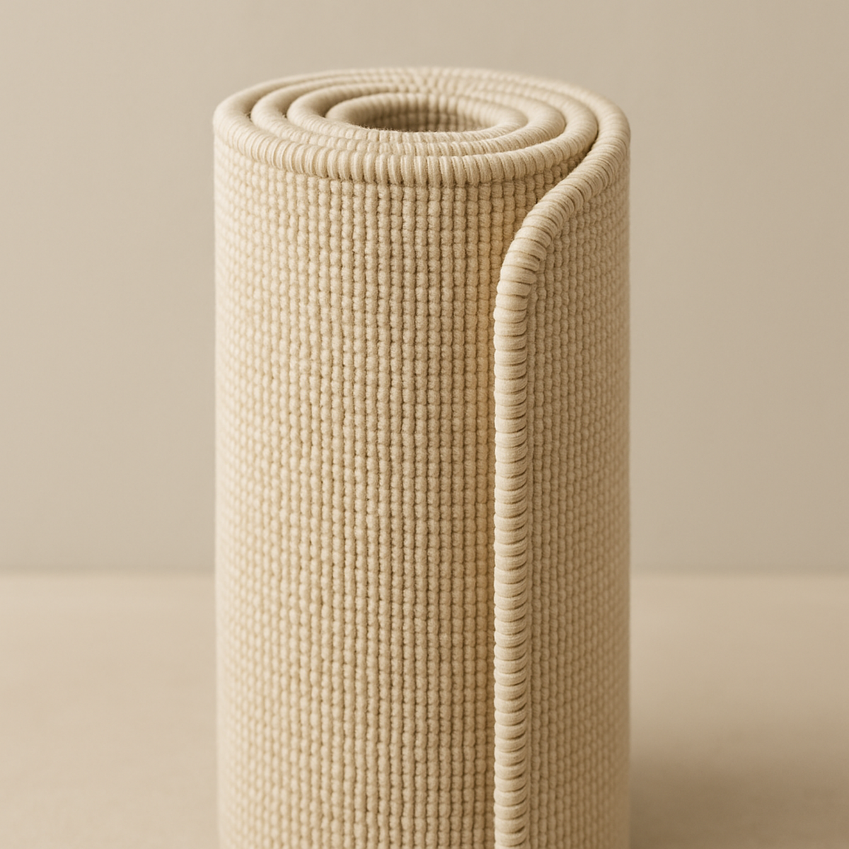 tapis_beige_enroulé_vue_bordure_tressée_texture_naturelle