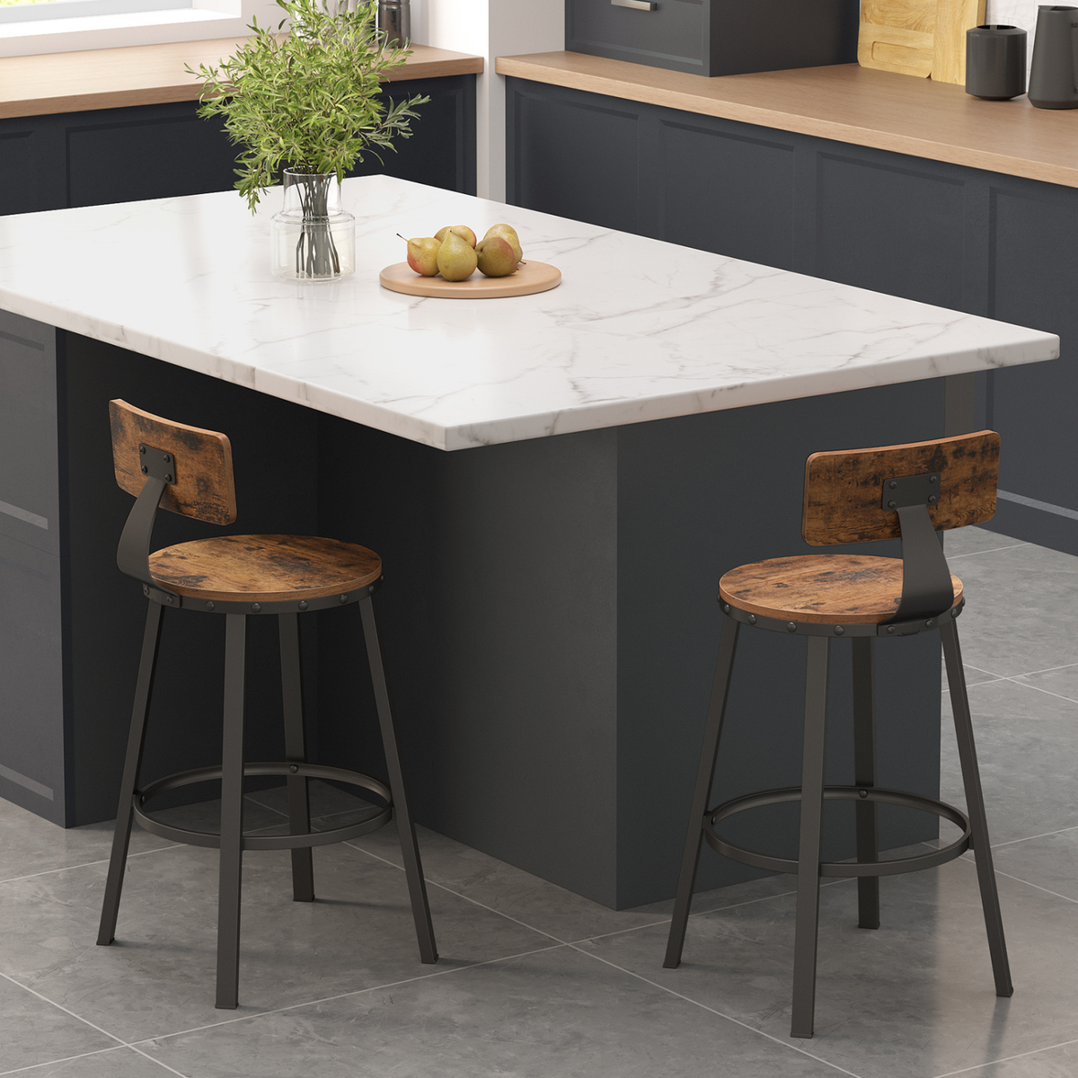 Ensemble – 2 chaises de bar 60 cm au design industriel et boisé – Hudson