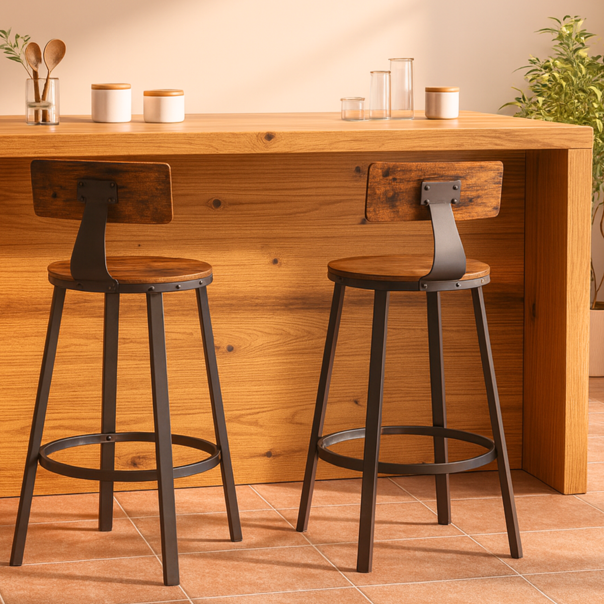 Ensemble – 2 chaises de bar 60 cm au design industriel et boisé – Hudson