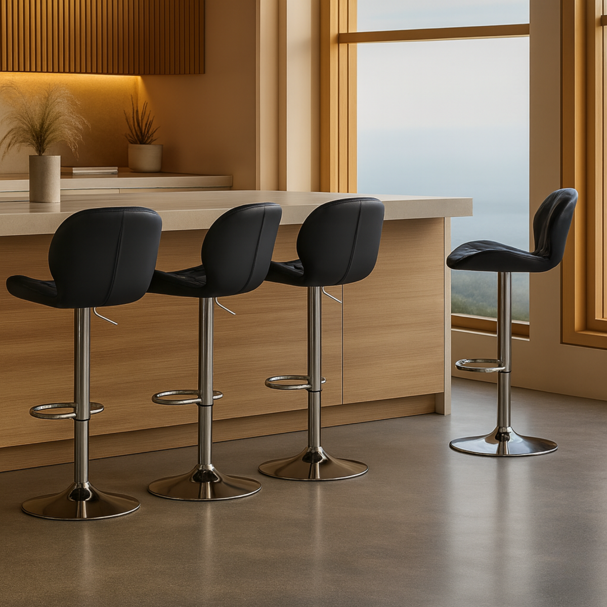 Ensemble – 2 chaises de bar au design galbé et cuir noir raffiné – Dray