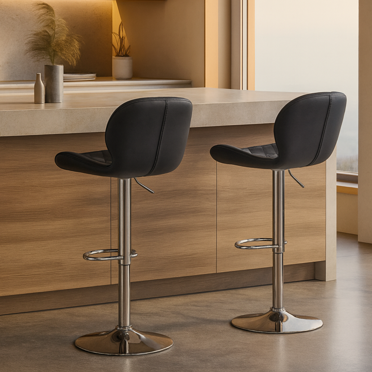 Ensemble – 2 chaises de bar au design galbé et cuir noir raffiné – Dray