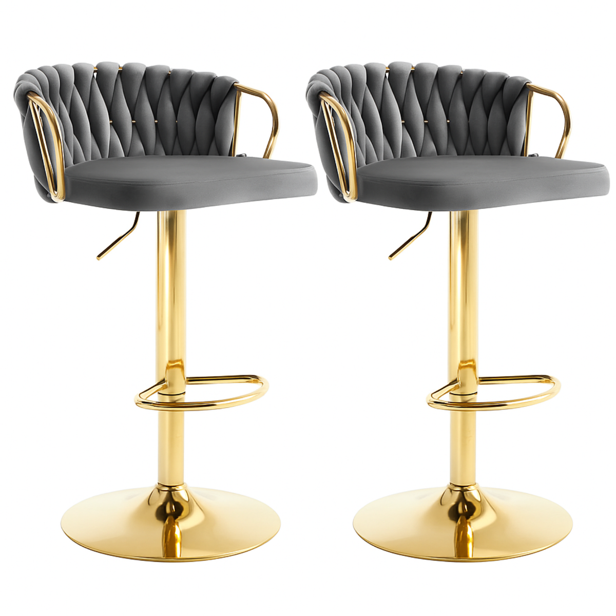 Lot de deux chaises de bar grises avec assise matelassée et pied doré réglable